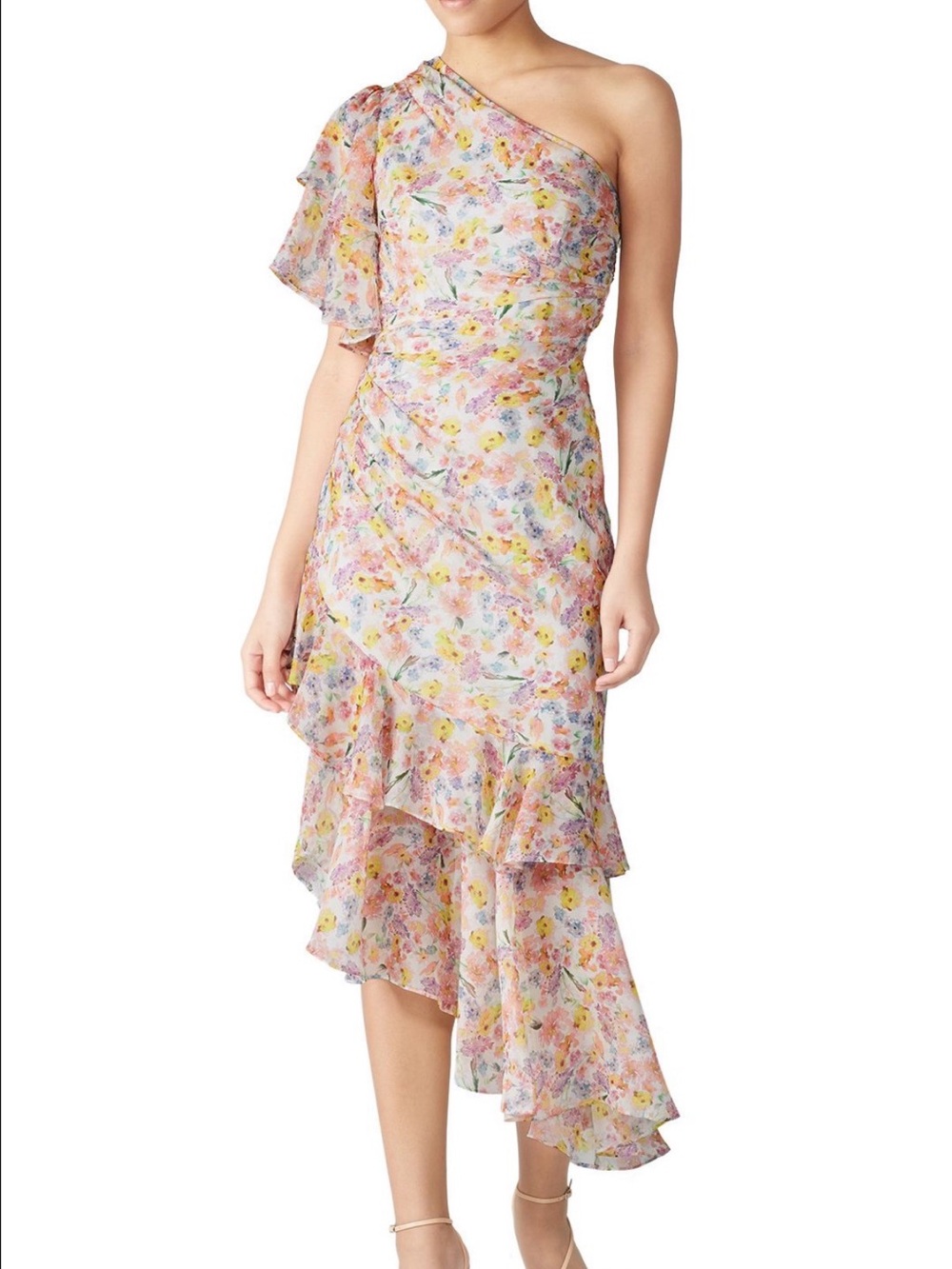 AMUR Clayton Wild Meadow Silk Floral One Shoulder Ruffle Dress Size 2
